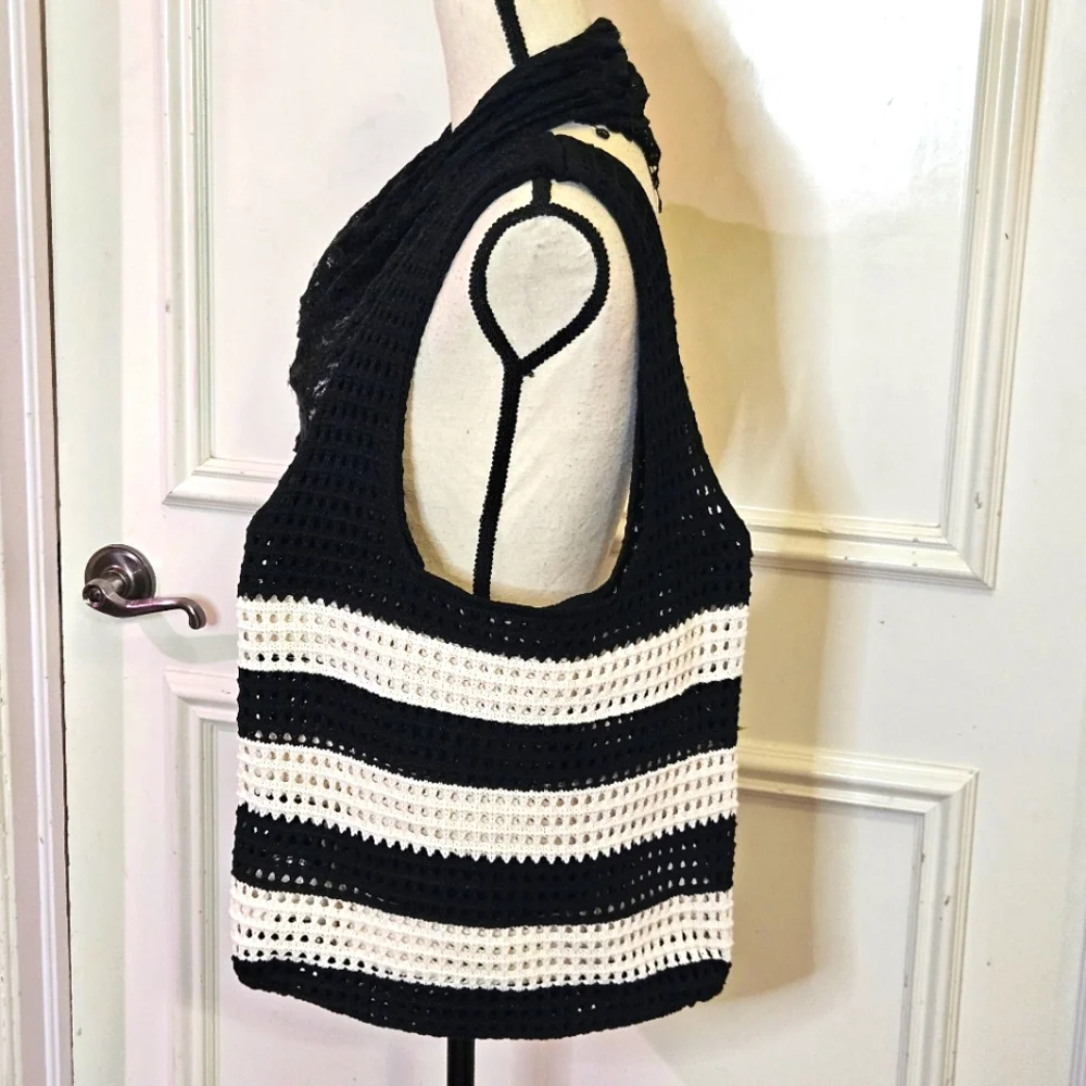 Hobo Black/Cream Stripe Crochet Knit Bohemian Tote Handbag,Large,NWOT